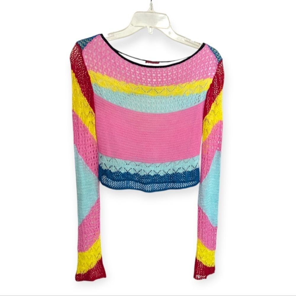 Staud Striped colorful crochet sweater with cut out back